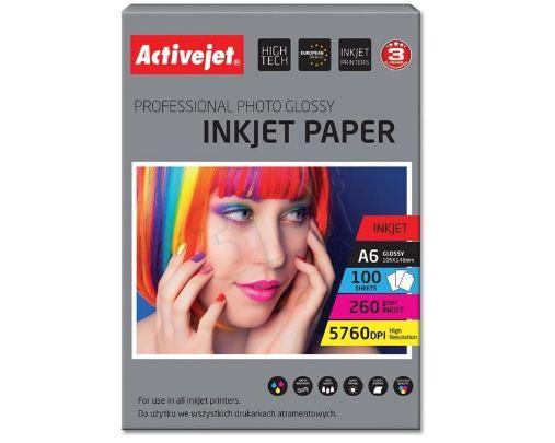 Papier fotograficzny błyszczący Activejet A6 100szt. 260g/m2 (z powłoką żywiczną) (do drukarek atramentowych)